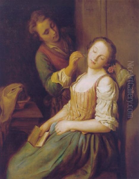 A Young Man Teasing A Sleeping Woman Oil Painting by Pietro Antonio Rotari