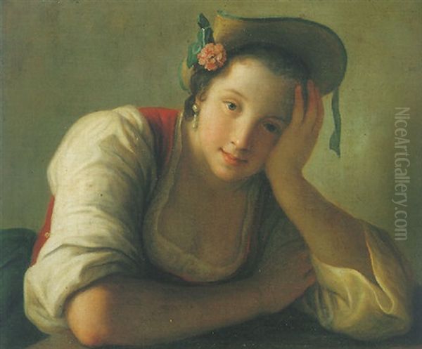 Portrait Of A Seated Girl Wearing A Straw Hat With A Flower, Leaning On A Table Oil Painting by Pietro Antonio Rotari