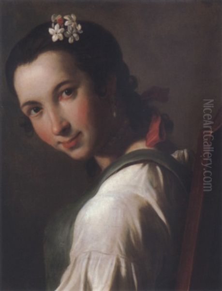 A Young Woman Looking Over Her Shoulder With Flowers In Her Hair Oil Painting by Pietro Antonio Rotari