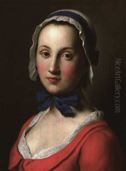 Portrait Of A Girl In Red Wearing A White Cap With A Blue   Ribbon Oil Painting by Pietro Antonio Rotari