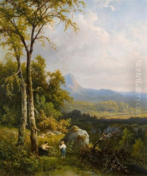 Bergige Waldlandschaft Mit Mutter Und Kind Bei Der Rast Oil Painting by Georg Andries Roth