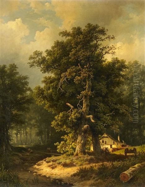 Grose Waldlandschaft Mit Einer Eiche Im Vordergrund Oil Painting by Georg Andries Roth