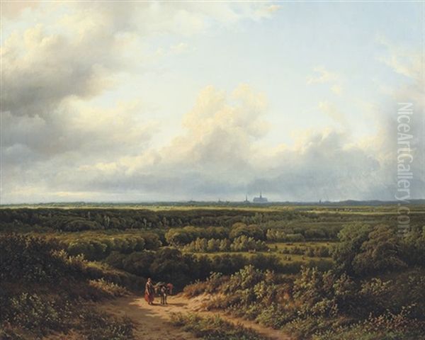 Figures In An Extensive Summer Landscape With Haarlem In The Distance Oil Painting by Georg Andries Roth