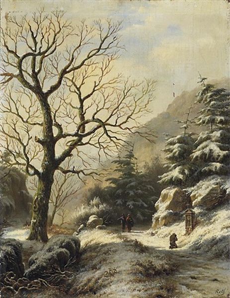 Verschneites Winterliches Tal Mit Wanderern by Georg Andries Roth