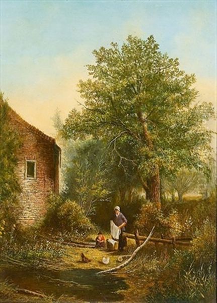 Landschaft Mit Frau Und Kind Vor Einem Haus Oil Painting by Georg Andries Roth