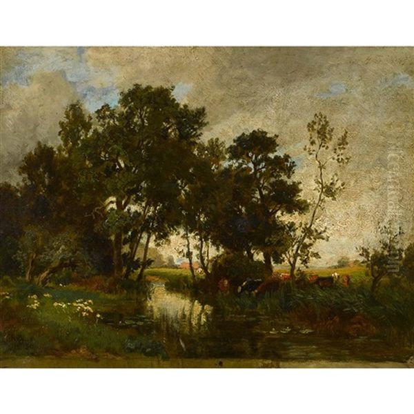 Sommerliche Landschaft Mit Kuhen An Der Tranke Oil Painting by Philipp Roeth