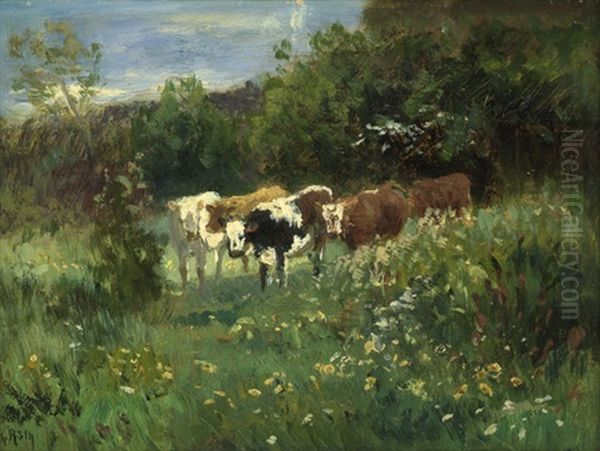 Rinderherde Auf Einer Blumenwiese Oil Painting by Philipp Roeth