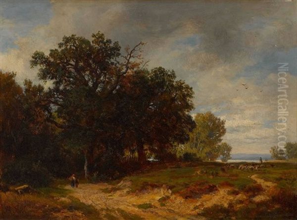 Baumlandschaft Mit Einem Schafer Mit Herde Oil Painting by Philipp Roeth