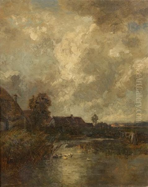 Cottages By A Pond Under Cloudy Skies Oil Painting by Philipp Roeth