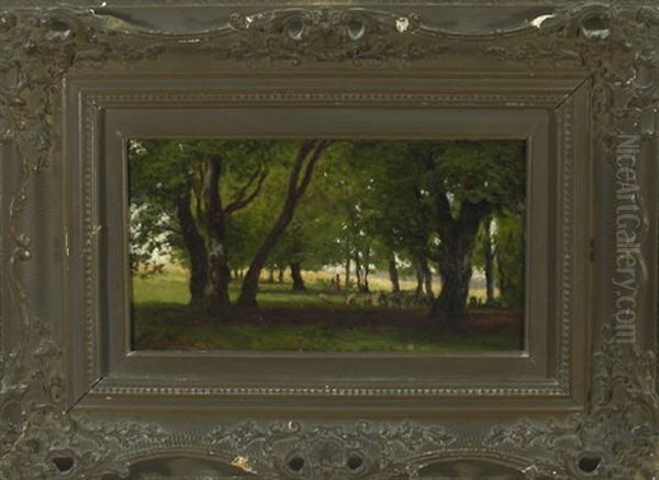 Hirtin Mit Schafherde Auf Einer Wiese Mit Schatten Spendenden Baumen Am Feldrand Oil Painting by Philipp Roeth