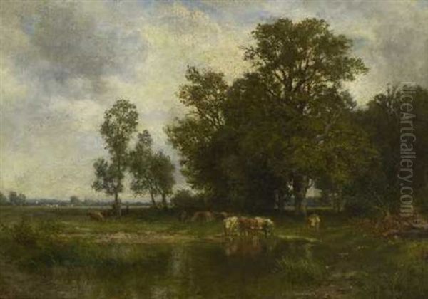 Rinder Am Wasser In Baumlandschaft Oil Painting by Philipp Roeth