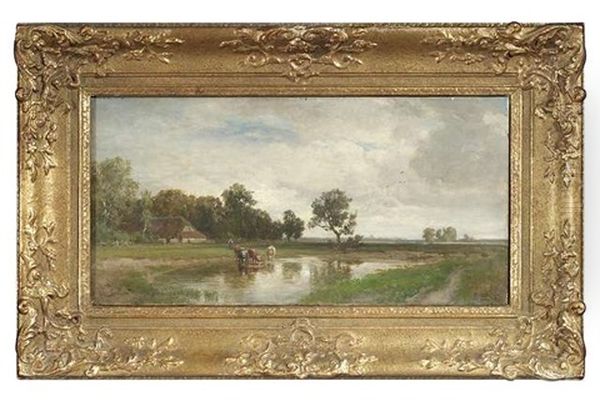 Weite Bayerische Landschaft Mit Einem Gehoft Und Kuhen An Einem Gewasser by Philipp Roeth