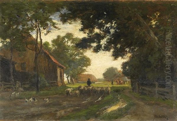 Dorflandschaft Mit Schafer Und Herde Oil Painting by Philipp Roeth