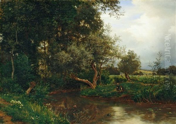 Landschaft In Der Umgebung Von Dusseldorf Mit Zwei Angelnden Kindern An Einem Bachlauf Oil Painting by Philipp Roeth