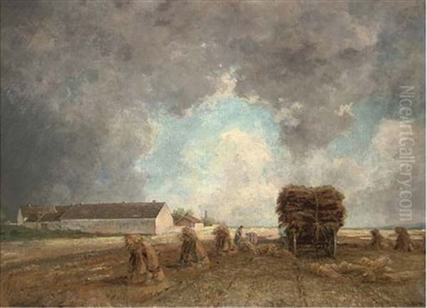 Gathering The Harvest Before The Storm Breaks Oil Painting by Philipp Roeth