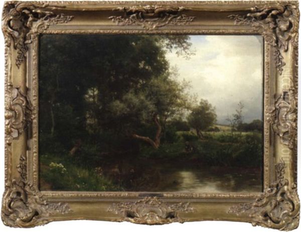 Baumgesaumter Bachlauf Mit Anglern. Im Hintergrund Weiter Blick In Die Landschaft Oil Painting by Philipp Roeth