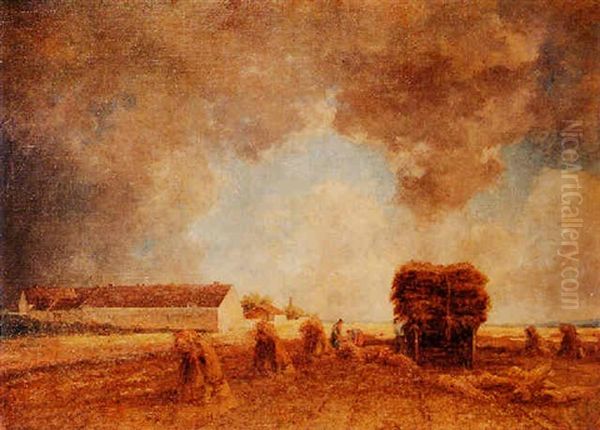 Open Landscape With Harvesters Loading Wheatsheaves Onto A Wagon, Storm Clouds Gathering Above Oil Painting by Philipp Roeth