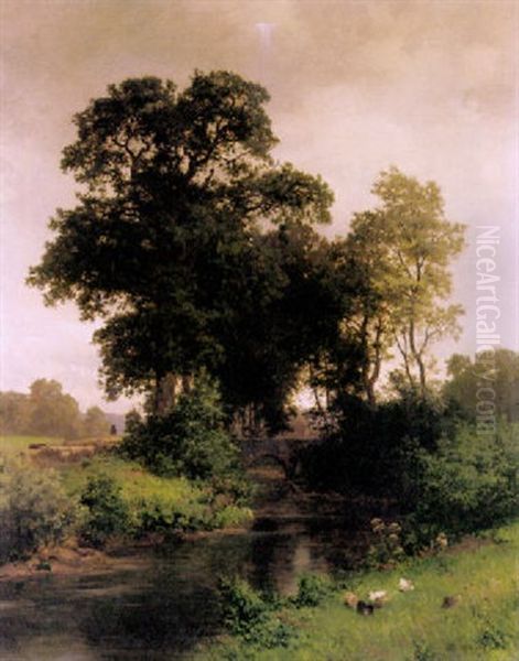 Bachlandschaft Mit Schafherde Und Steinernen Brucke Oil Painting by Philipp Roeth