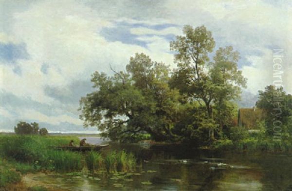 Zwei Angler Im Nachen Auf Dem Stillen Teich Oil Painting by Philipp Roeth