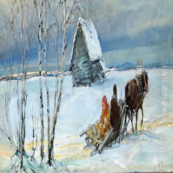 Russian Winter Landscape With A Couple On A Horse-drawn Sleigh Oil Painting by Michail Vasilievitch Boskin