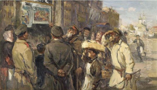 In Front Of The Newspaper Kiosk Oil Painting by Michail Vasilievitch Boskin