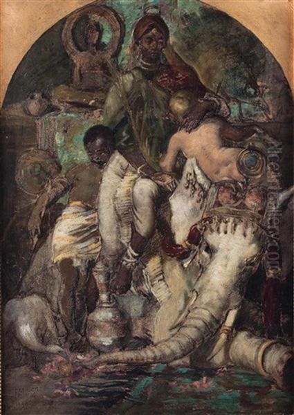 Orientalisierendes Buhnenbild Mit Figurinen, Elefant Und Tieren Sowie Gefasen Oil Painting by Alexander Rothaug