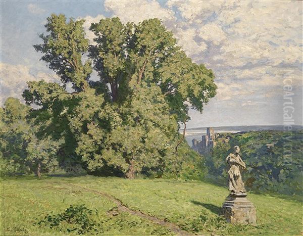 Landschaft Mit Einer Skluptur, Im Hintergrund Eine Ruine Und Die Donau Oil Painting by Alexander Rothaug