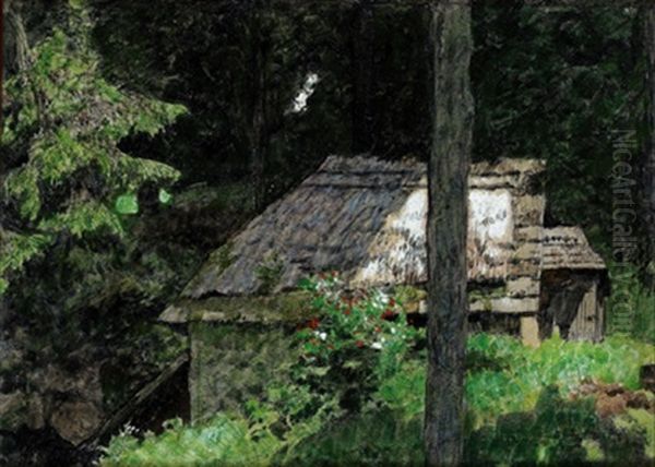 Ein Waldhaus (+ Mann Mit Boot, Verso) Oil Painting by Alexander Rothaug