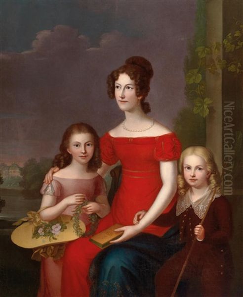 Portrait Of Caroline Friederike Mathilde Von Waldeck-pyrmont With Her Two Children Marie And Eugen Wilhelm Oil Painting by Carl Rothe