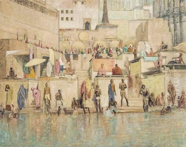 Bathing On The Ganges Oil Painting by William (Sir) Rothenstein