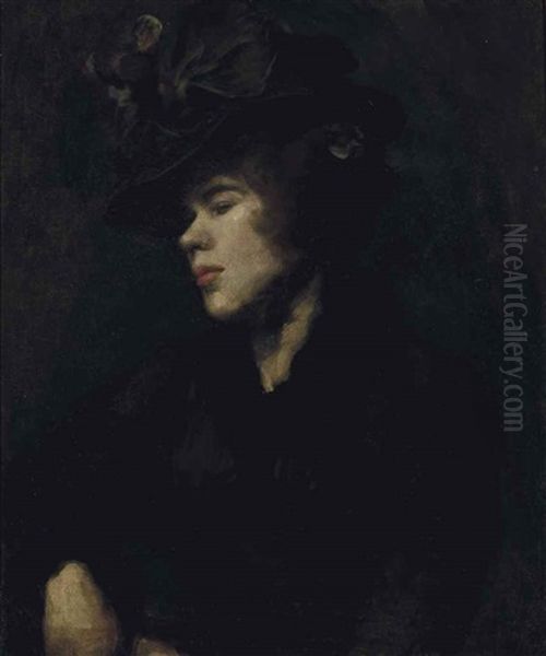 Portrait Of Ida Nettleship (1877-1907), Half-length, In A Burgundy Dress And Hat Oil Painting by William (Sir) Rothenstein