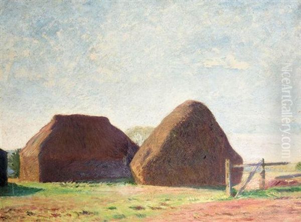 Haystacks With Barns, Iles Farm, Far Oakridge, Gloucestershire Oil Painting by William (Sir) Rothenstein