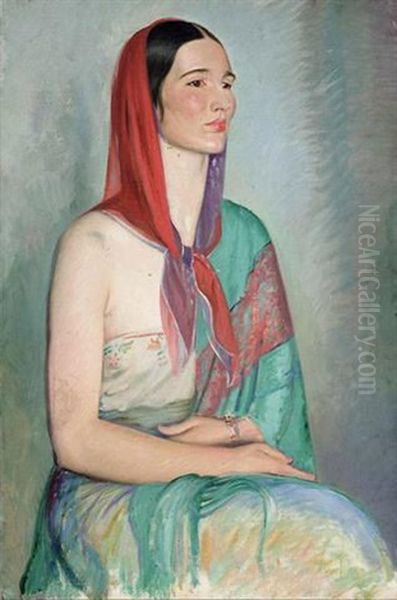 Portrait Of A Lady In A Headscarf Oil Painting by William (Sir) Rothenstein