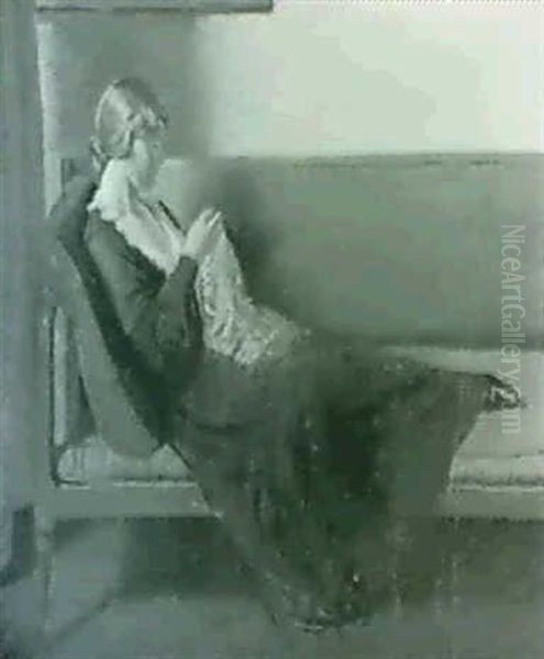 The Artist Wife Alice Sewing On A Sofa Oil Painting by William (Sir) Rothenstein