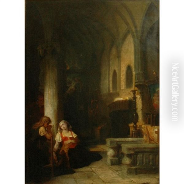 Church Interior With Figures Oil Painting by Peter Frederick Rothermel