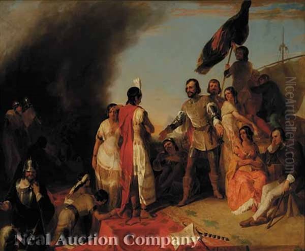 The Surrender Of Prince Guatemozin To Hernando Cortes Oil Painting by Peter Frederick Rothermel