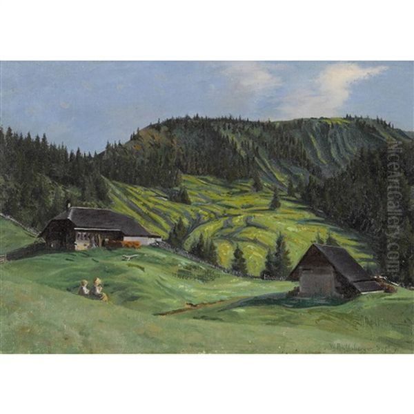 Sommerliche Berglandschaft Mit Kinderpaar Oil Painting by William Roethlisberger