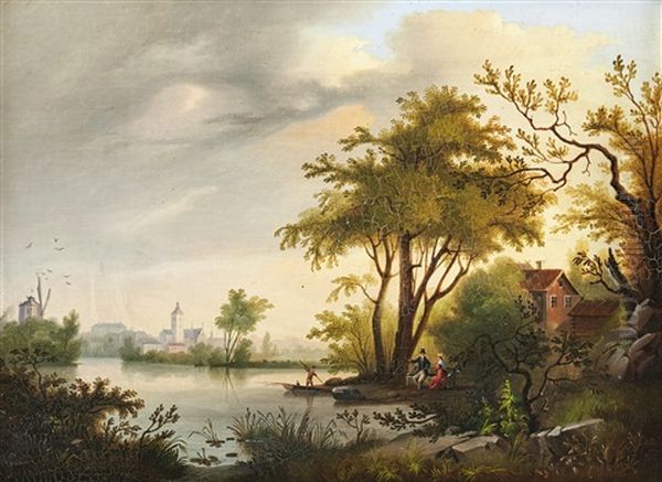 Landskapsbild Med Sjo Och Stad I Bakgrunden Oil Painting by Carl Abraham Rothsten