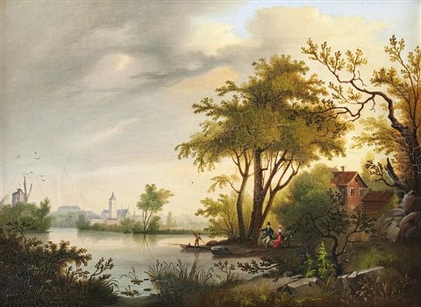 Landskapsbild Med Sjo Och Stad I Bakgrunden Oil Painting by Carl Abraham Rothsten