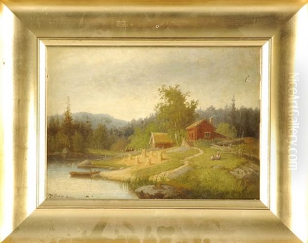 Idyllische Landschaft Mit Hutten, Strohgarben Und Bauerin Mit Kind Am Flusufer Sitzend Oil Painting by Carl Abraham Rothsten