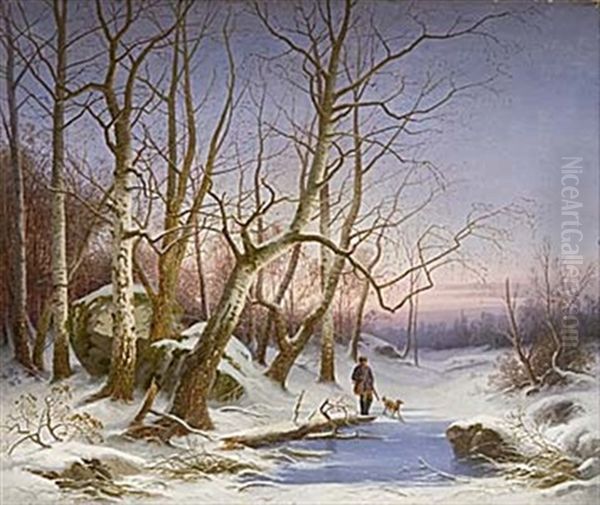 Vinterlandskap Med Jagare Och Hund Oil Painting by Carl Abraham Rothsten