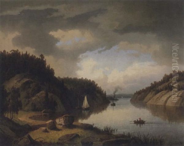 Pastoralt Sjolandskap Med Batar Oil Painting by Carl Abraham Rothsten