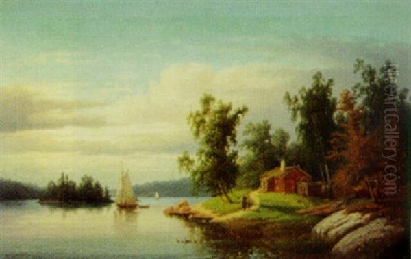 Skargardsidyll  Med Mor Och Barn Vid Stuga Samt Segelbatar Oil Painting by Carl Abraham Rothsten