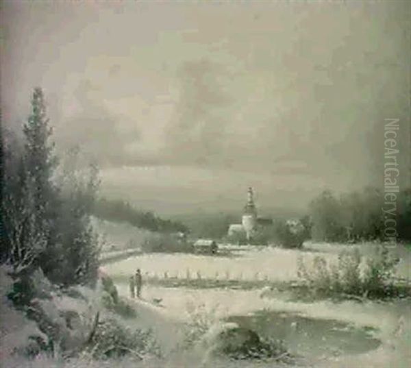 Solna Kyrka - Vinterlandskap                                I Kvallssol Oil Painting by Carl Abraham Rothsten