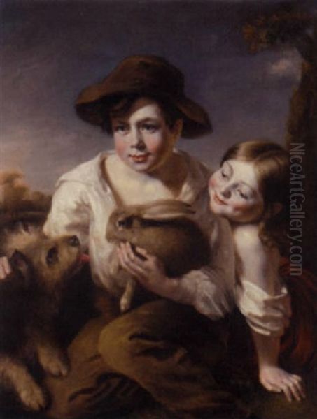 Two Children With A Rabbit And A Terrier, Seated In A Landscape Oil Painting by Richard Rothwell