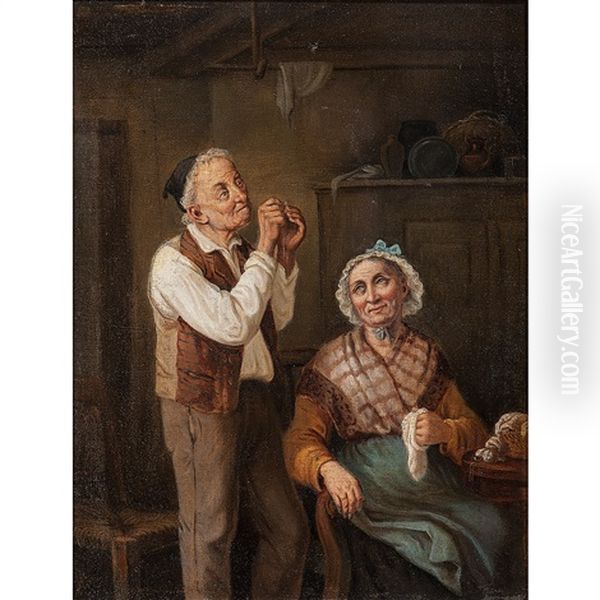 Genre Scene (elderly Couple Mending A Sock) Oil Painting by Antonio Rotta