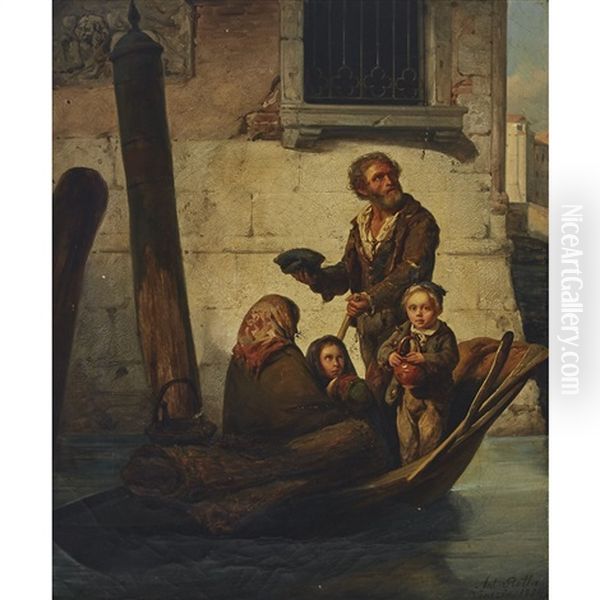 Peasant Family On The Venetian Canal Oil Painting by Antonio Rotta