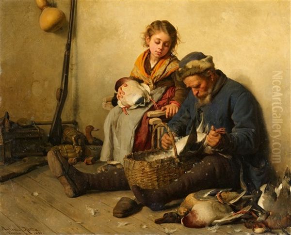 Interieur Mit Grosvater Und Enkelin Beim Entenrupfen Oil Painting by Antonio Rotta