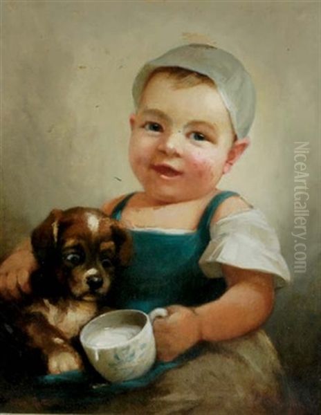 Young Girl With Puppy Oil Painting by Antonio Rotta