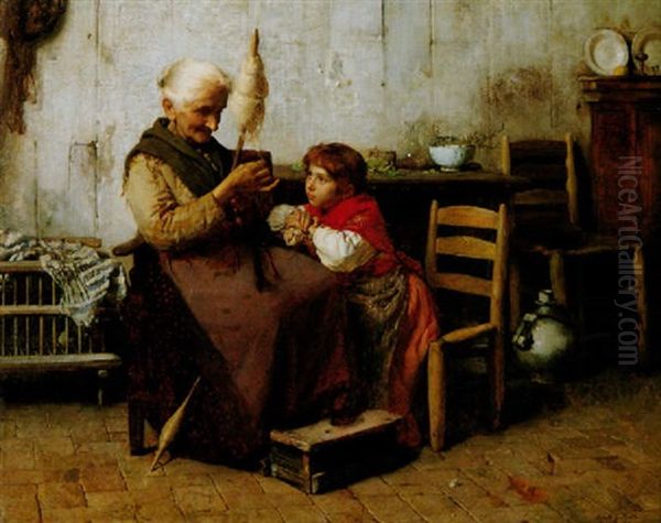 La Nonna. Grosmutter Und Enkelin In Bauerlichem Interieur Oil Painting by Silvio Giulio Rotta